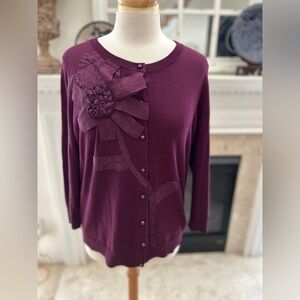 Talbots Plum Cardigan with Floral Accent